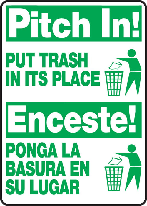 Accuform SBMHSK903XV Spanish-Bilingual Adhesive Dura-Vinyl Sign, "Pitch in Put Trash in ITS Place", 14" Length x 10" Width x 0.006" Thickness