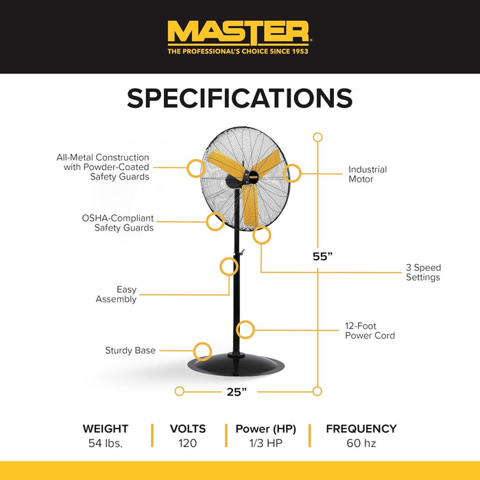 Master MAC-30P High Velocity Pedestal Fan, 3 Speed Portable Metal Standing Fan with Adjustable Height & Swivel Head, Powerful & Efficient Cooling, 30 Inch