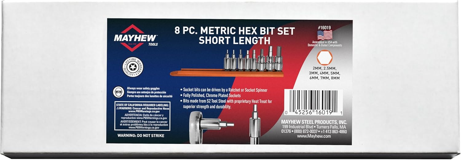 Mayhew Tools 16019 Metric Hex Socket Bit Set, 8-Piece, Polished Chrome
