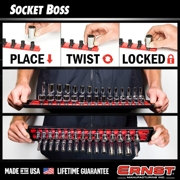 Ernst Manufacturing 8490 Socket Boss: 3-Rail Socket Organizer Tool Tray with 40 Clips (1/4", 3/8", 1/2") - Red, 13-Inch Rails for Toolbox Storage - Made in USA