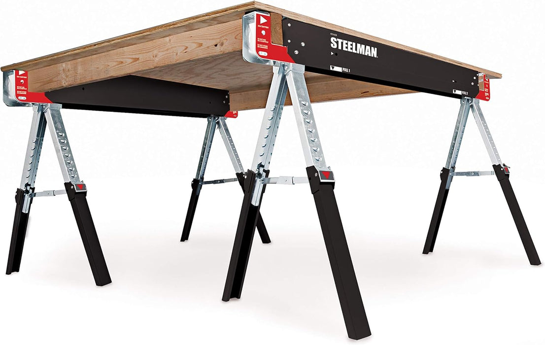 Steelman 67104 Adjustable Height Work Table Folding Sawhorses, Durable Steel Construction, Folding Legs, 2x4 Table Support Arms, 2,600 lb. Combined Loading Capacity (Set of Two)
