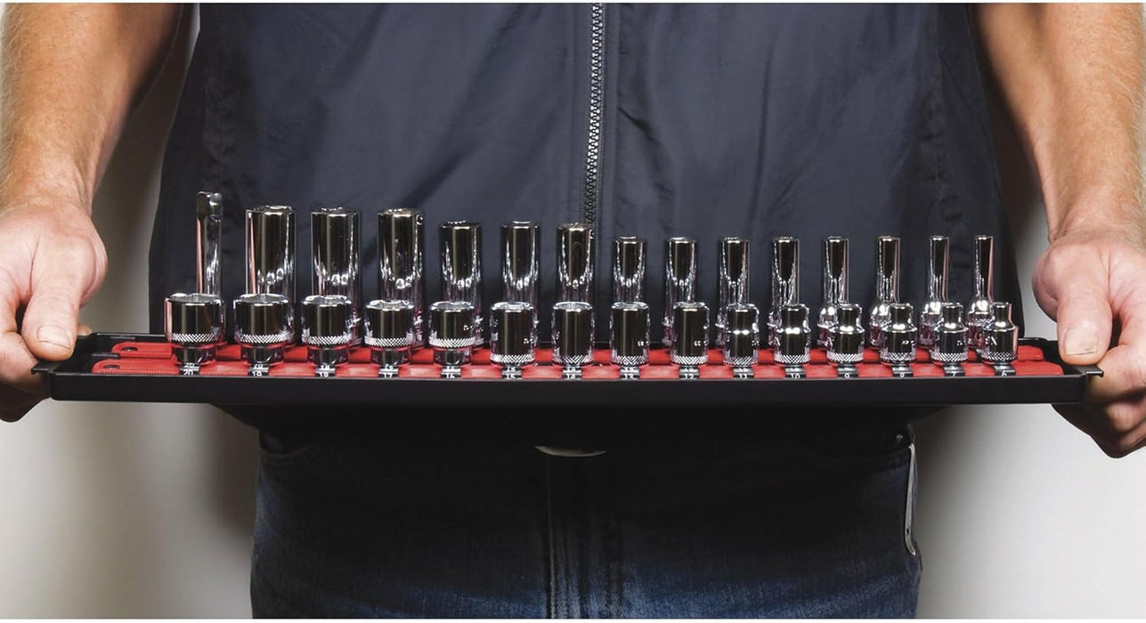Heavy Duty Socket Organizer with Tray - Ernst Manufacturing 19-Inch Socket Boss 2-Row, 1/4-Inch-Drive Twist Lock Socket Holder, SAE, METRIC, Red (8452) - Automotive Industry - Made in USA 19-INCH 1/4" Red
