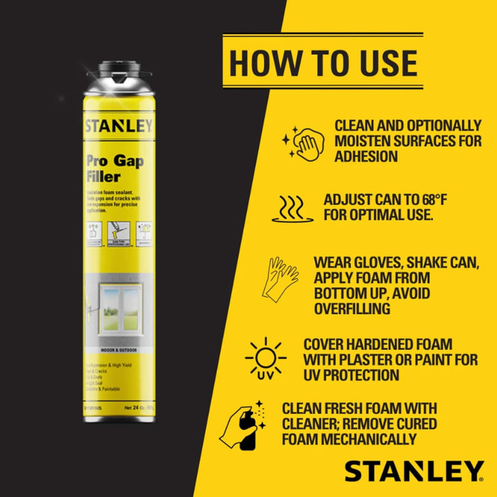 STANLEY Pro Gap Filler - Window & Door Filler, Gaps & Cracks, Expanding Spray Foam Sealant, Gun Not Included, 24 Oz (Pack of 1)