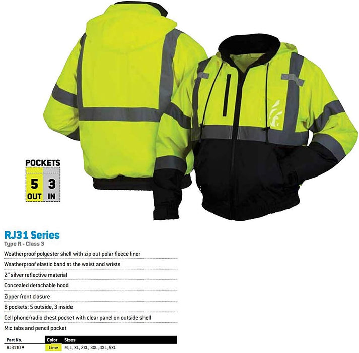 Pyramex RJ31 Series Unisex Waterproof Class 3 Fleece Bomber Safety Jacket, Hi Vis Orange, Size Large