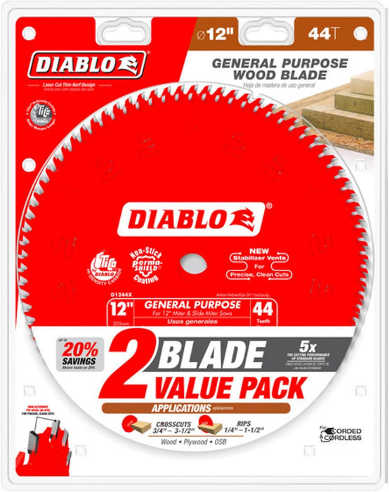 Diablo D124444VP General Purpose Carbide Circular Saw Blade with Perma-Shield Non-Stick Coating - 12" x 44-Tooth (Pack of 2)