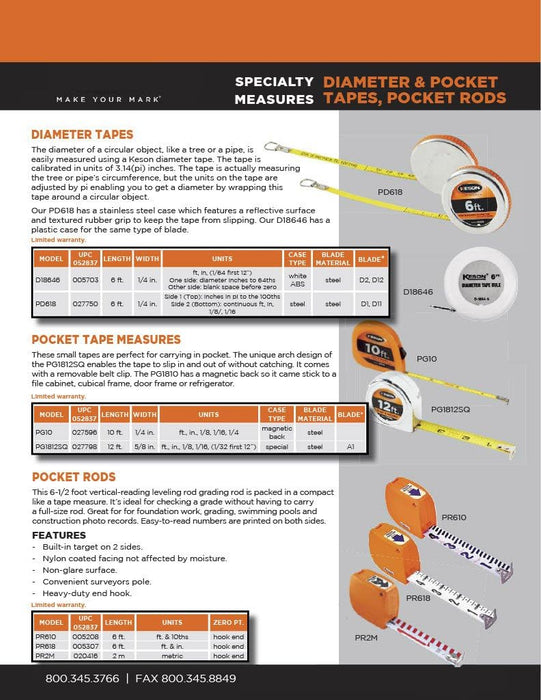 Keson PR2M 2 Meter Pocket Rod Tap with Hook End (Units: Metric)