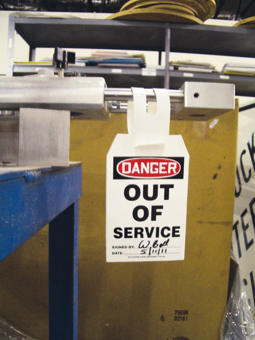 Accuform TAL354 Plastic Loop 'n Strap Tag, "Danger Out of Service", 5-1/4" Length x 3-1/4" Width with 6" Strap (Pack of 25)