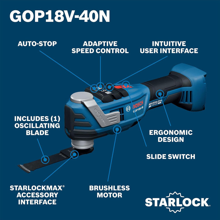 BOSCH GOP18V-40N 18V Brushless StarlockMax Oscillating Tool - Powerful 20,000 OPM, 6 Speed Settings, Auto-Stop, Ergonomic Design, Fast Accessory Changes, Ideal for Remodelers & Contractors