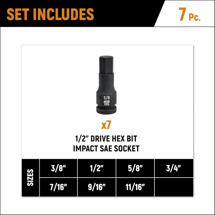 GEARWRENCH 84941 1/2" Drive Hex Bit Impact SAE Socket Set, 7 Piece