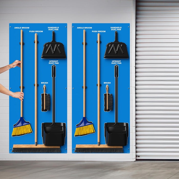 Clean & Sweep PSB616BUBK 5S Shadow Board/Wall Mount Broom Holder, 68" x 30" Board, 5S Cleaning Station with Broom and Dustpan Set Included, Blue/Black