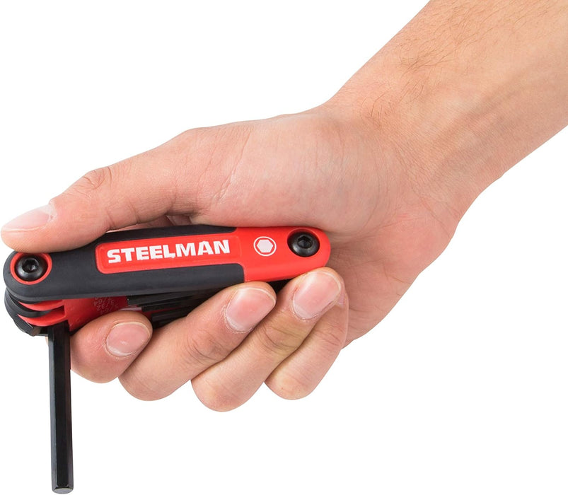 Steelman Portable Folding Hex Key Wrench Multi-Tool Standard (SAE), Set Includes 5/64, 3/32, 7/64, 1/8, 9/64, 5/32, 3/16, 7/32, 1/4-Inch, Chamfered Ends, Rubberized Grip
