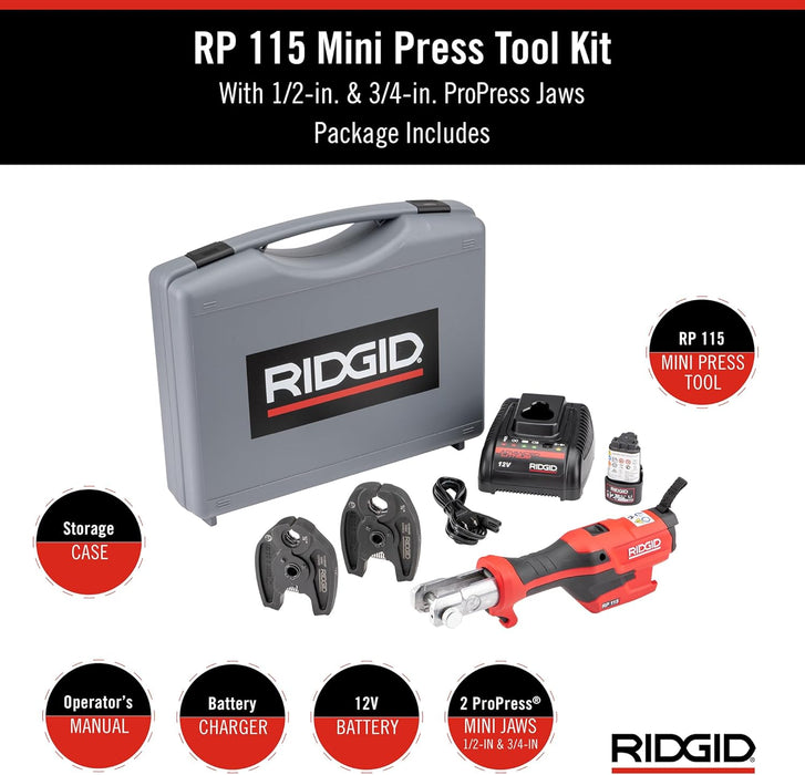 RIDGID (RP115) 72553 Mini Press Tool and Battery Kit with 1/2" to 3/4" ProPress Press Tool Jaws, 2V Li/Ion Battery, 12V Charger, and Carrying Case