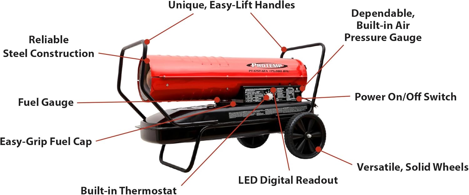 Protemp PT-220T-SDR 220,000 BTU Kerosene/Diesel Forced Air Heater With Thermostat