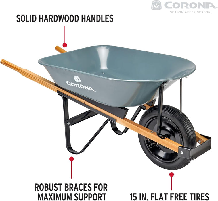 Corona WB1000 5 Cubic Foot Wheelbarrow in A Box Heavy Duty Garden Cart with 15 Inch Flat Free Tire for Outdoor Gardening, Yards, Planting