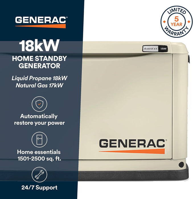Generac 7226 Guardian 18kW Home Standby Generator, Durable All Aluminum, WiFi Enabled with G-Force Engine, Easy to Use, Whole House Power Backup, Smart Outage Solution - Bisque