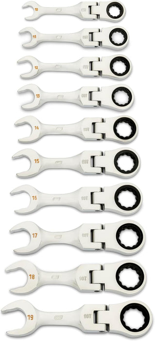 GEARWRENCH 10 Piece 90-Tooth 12 Point Stubby Flex Combination Ratcheting Wrench Set, Metric | 10mm - 19mm | 86870