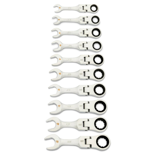 GEARWRENCH 10 Piece 90-Tooth 12 Point Stubby Flex Combination Ratcheting Wrench Set, Metric | 10mm - 19mm | 86870