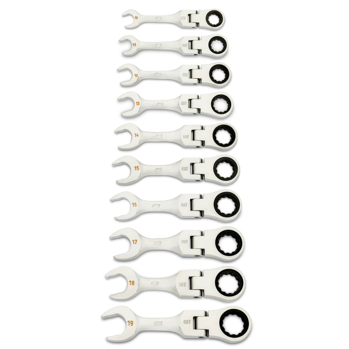 GEARWRENCH 10 Piece 90-Tooth 12 Point Stubby Flex Combination Ratcheting Wrench Set, Metric | 10mm - 19mm | 86870