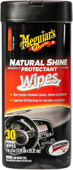 Meguiar's Natural Shine Protectant Wipes - 30 Full Size Car Care Wipes Clean and Protect Vinyl, Rubber, and Plastic Surfaces - Streak-Free Wipes with UV Protection and Leave a Satin, Non-Greasy Shine