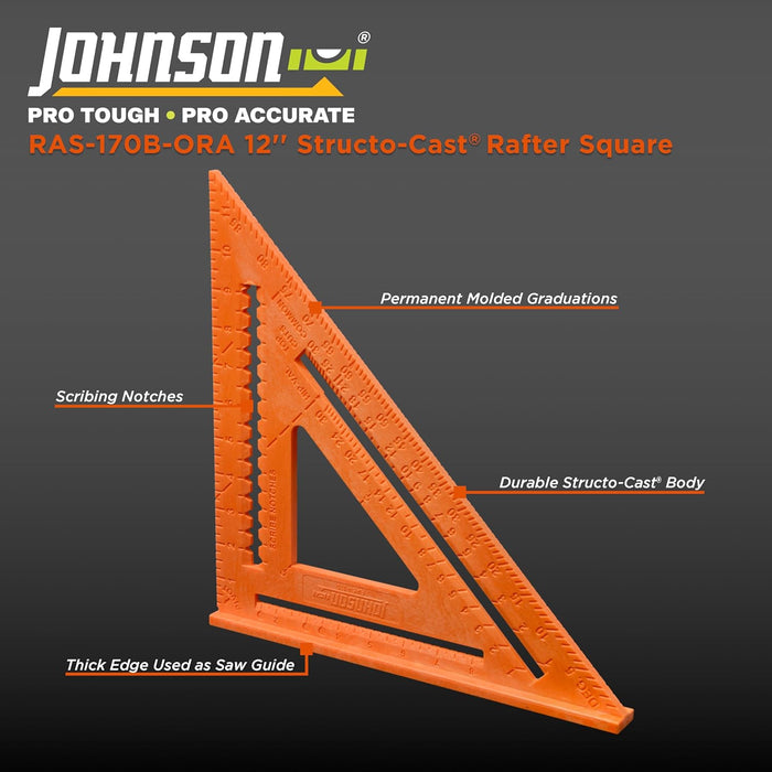 Johnson Level & Tool RAS-170B-ORA Structo-Cast Rafter Square, 12", Orange