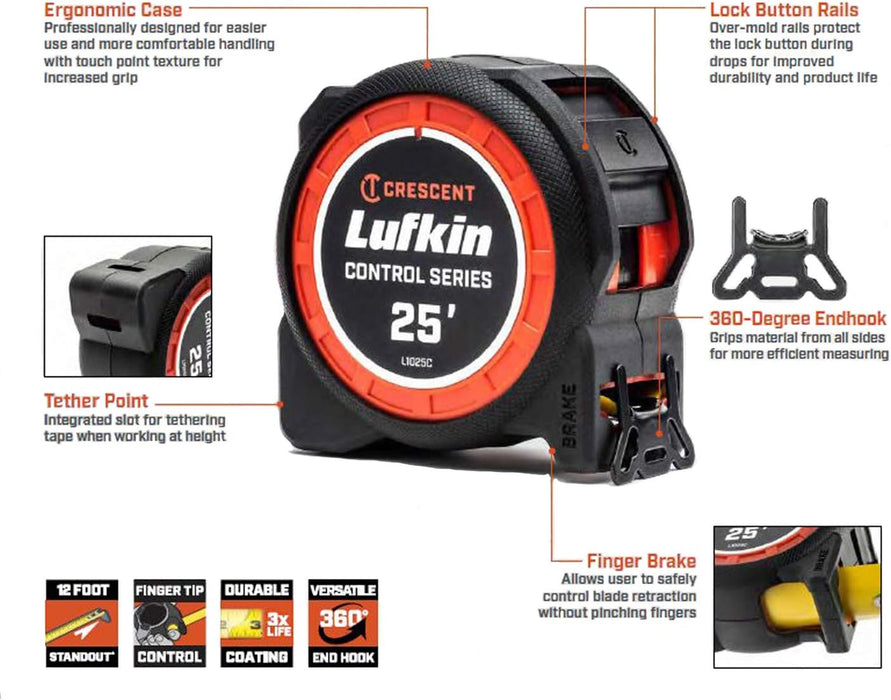 Crescent Lufkin L1025CB-02 1-3/16 x 25' Command Control Series Black Clad Tape Measure