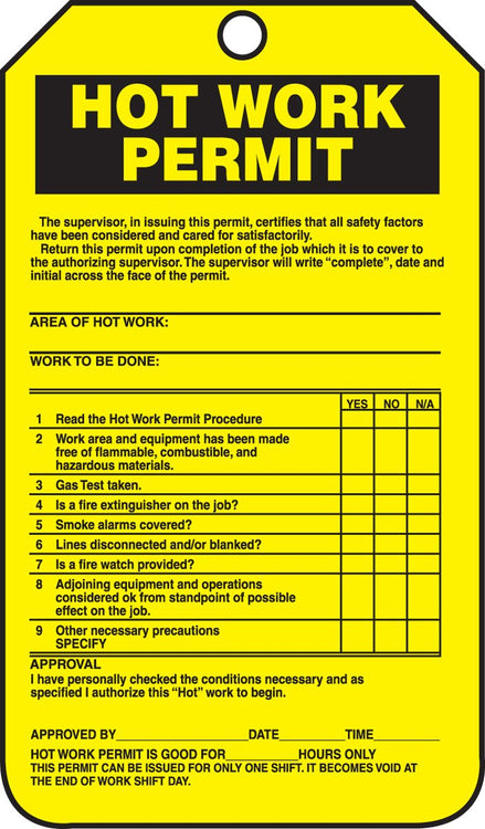 Accuform TCS372CTP PF-Cardstock Confined Space Tag, "Hot Work Permit", 5.75" Length x 3.25" Width x 0.010" Thickness (Pack of 25)