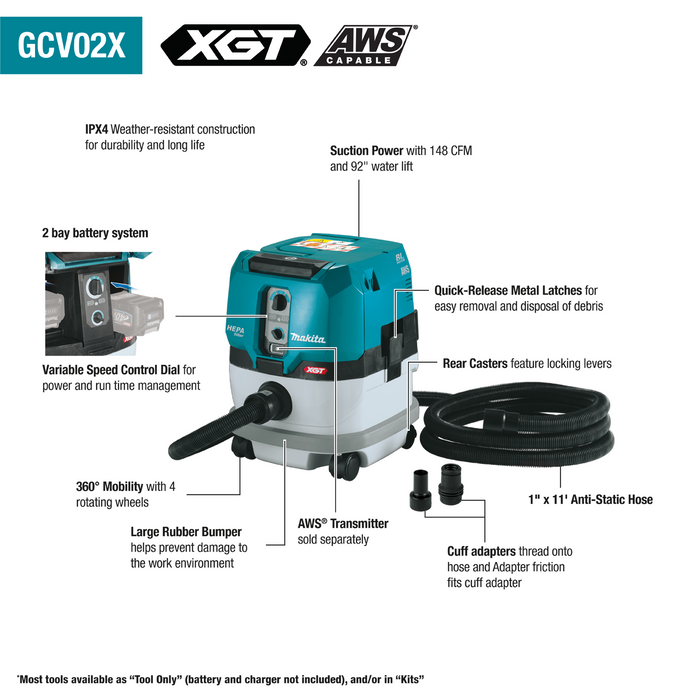 Makita (GCV02ZX) 40V Max XGT Brushless Cordless 2.1 Gallon HEPA Filter Dry Dust Extractor, AWS Capable (Bare Tool)