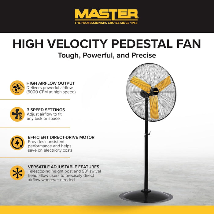 Master MAC-30P High Velocity Pedestal Fan, 3 Speed Portable Metal Standing Fan with Adjustable Height & Swivel Head, Powerful & Efficient Cooling, 30 Inch