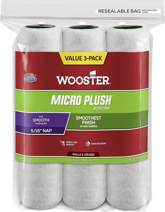 Wooster R335-9 Micro Plush Roller Cover with 5/16" Nap (3 Pack), 9 inches, White
