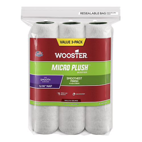 Wooster R335-9 Micro Plush Roller Cover with 5/16" Nap (3 Pack), 9 inches, White