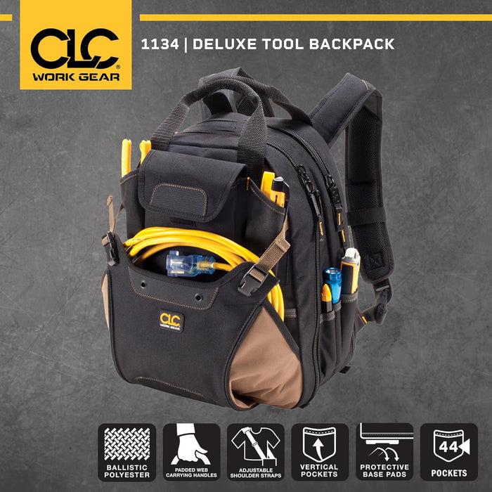 CLC Work Gear 1134 Carpenter's Tool Backpack, 44 Pockets, Padded Back Support, Black 44 Pocket Tool Backpack