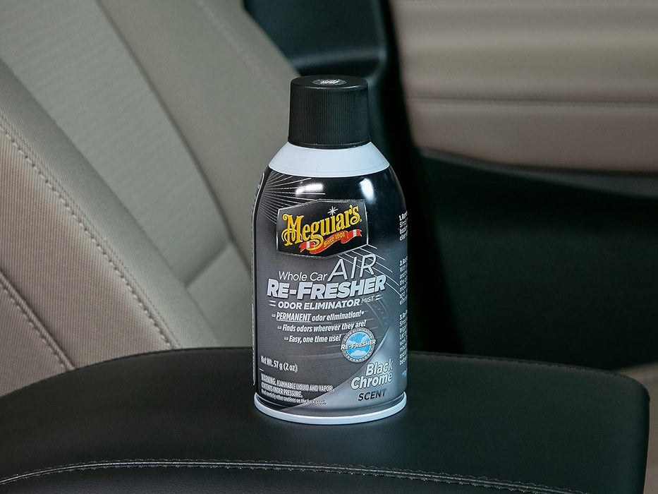Meguiar's Whole Car Air Refresher, Car Odor Eliminator Spray Permanently Eliminates Unwanted Vehicle Odors Throughout Your Interior, Black Chrome Scent, 2 Oz Aerosol Canister