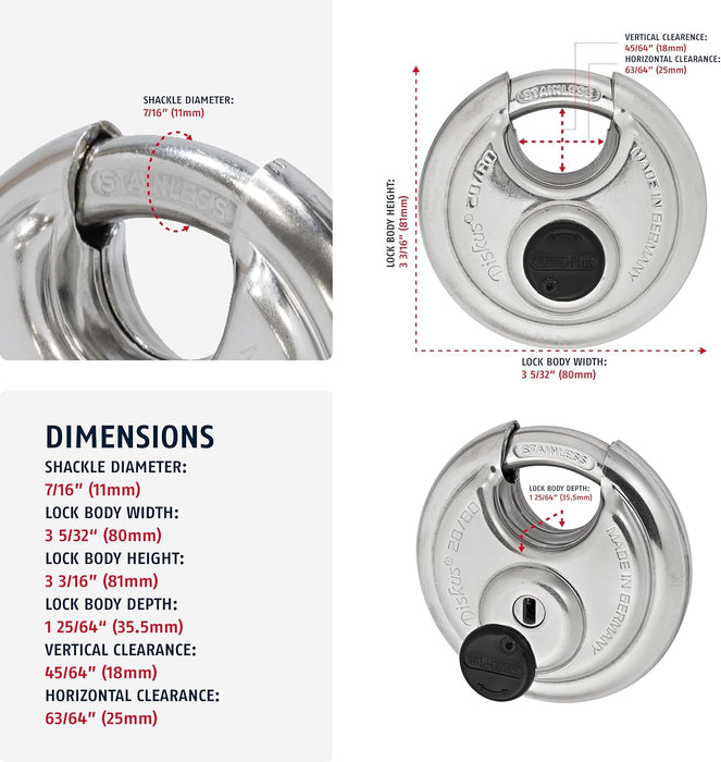 ABUS 20/80 Heavy Duty Diskus Storage Padlock with 2 Keys for Storage, Outdoor, Commercial, 3.16in (80.2mm) Wide, Keyed Different