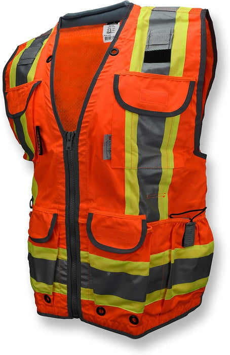 Radians SV55 Class 2 Heavy Woven Two Tone Engineer Vest with Padded Neck to Support Extra Weight in Cargo Pockets Large Orange