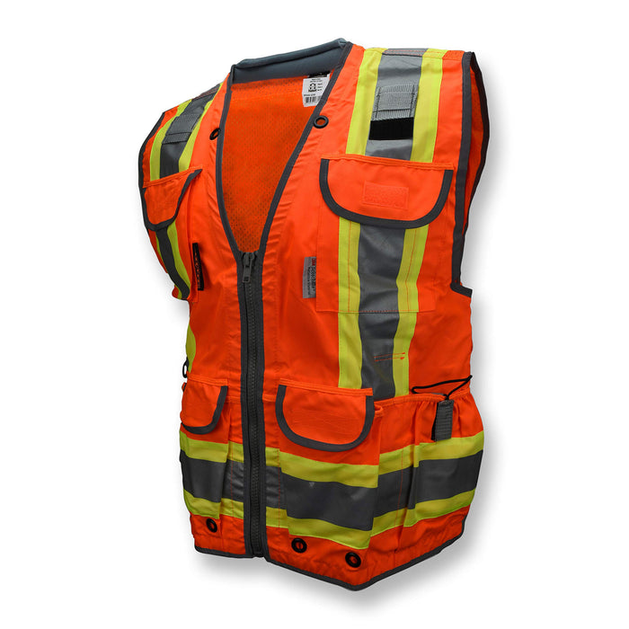Radians SV55 Class 2 Heavy Woven Two Tone Engineer Vest with Padded Neck to Support Extra Weight in Cargo Pockets Large Orange