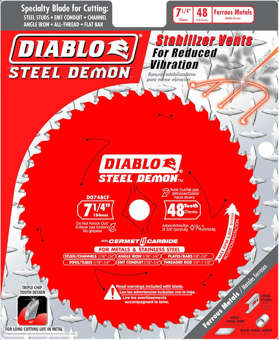 Diablo D0748CFA Steel Demon Cermet II Saw Blade with Triple Chip Grind and Perma-Shield Coating, Ideal for Medium Metal Cutting, 7-1/4" Diameter, 48 TCG Teeth