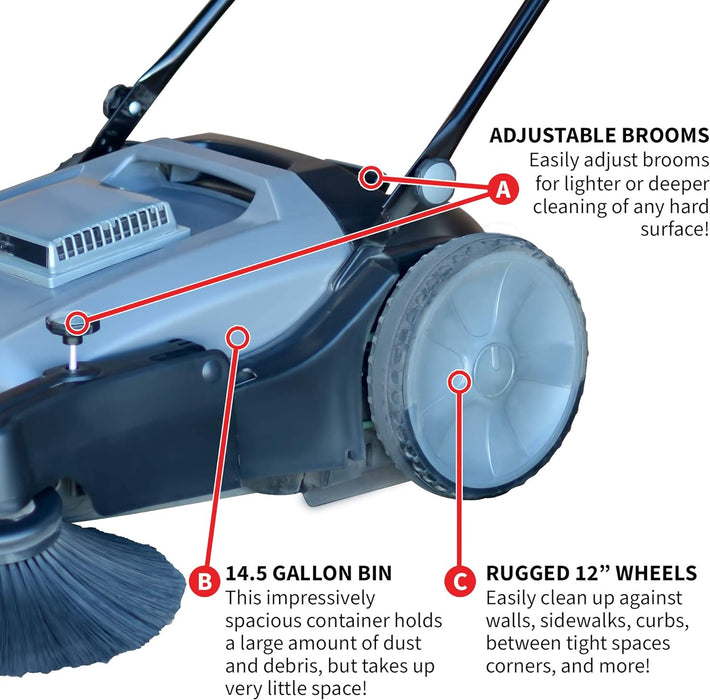 Tomahawk Industrial 38" Walk Behind Push Sweeper with Triple Power Side Brooms Floor Cleaning of Dust Litter Grass Sweeper, 38"