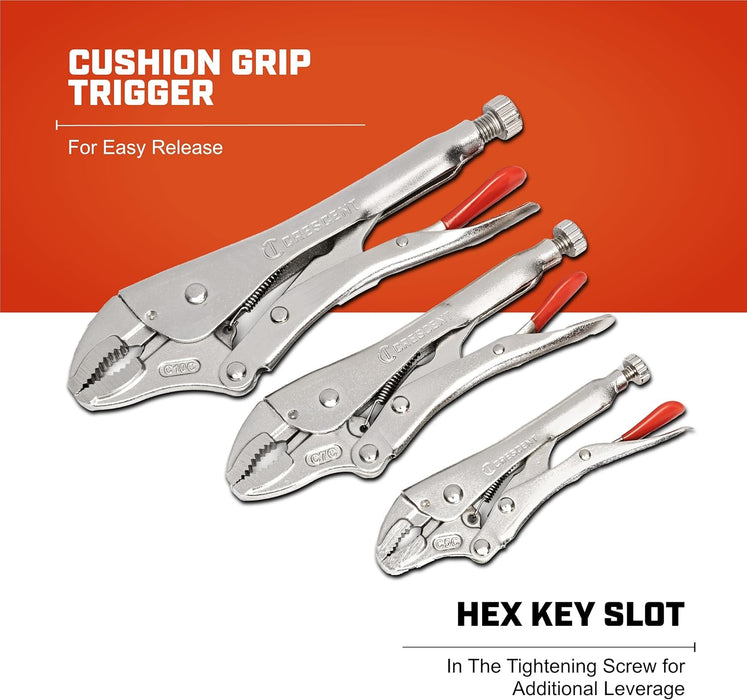 Crescent Curved Jaw Locking Pliers with Wire Cutter - 3 Piece Set - Home DIY & Professional Mechanic Hand Tool for Nuts & Bolts, Cables, Wires - 5", 7" & 10" - CLP3SETN-08