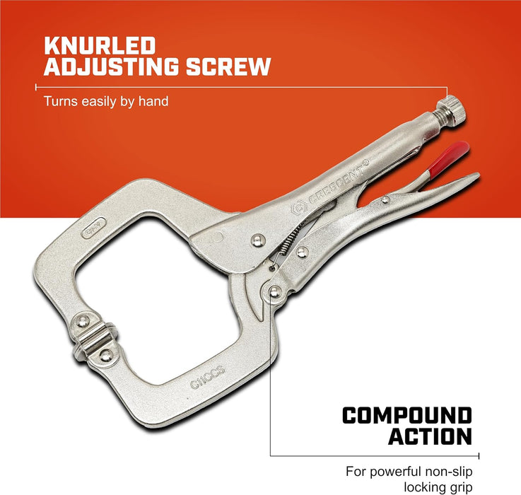 Crescent C11CCSVN Locking 11" C-Clamp with Swivel Pad Tips, Heavy-Duty Adjustable Clamp with Hex Key Recess & Compound Action