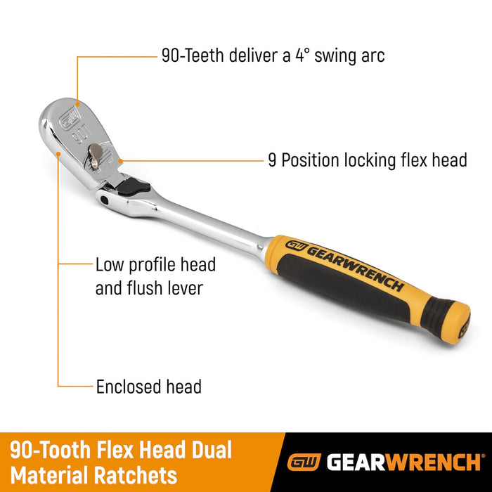 GEARWRENCH 81298T 3 Pc. 1/4", 3/8" & 1/2" Drive 90 Tooth Dual Material Locking Flex Head Ratchet Set