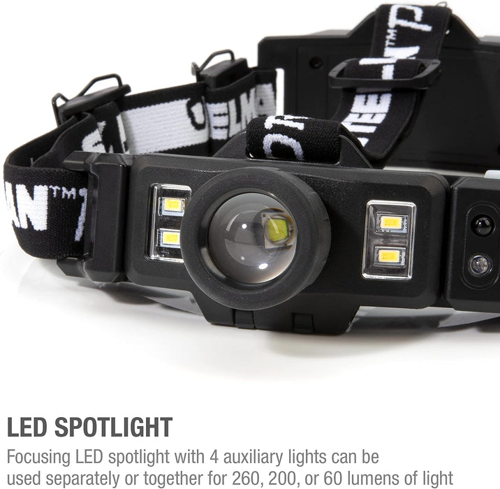 Steelman 79379 Pro Rechargeable Focusing Spotlight Headlamp, Motion-Sensing, Rear Safety Light, Pivoting Head, Up to 260 Lumens of Brightness