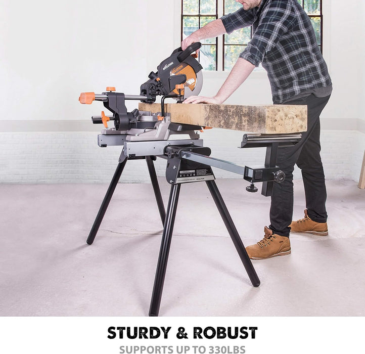 Evolution Power Tools EVOMS1 Miter Saw Stand Compact & Folding, Universal Fits Most Brands, Quick Release Mounting Brackets, Rollers, End Stops for Repeat Cutting , Black