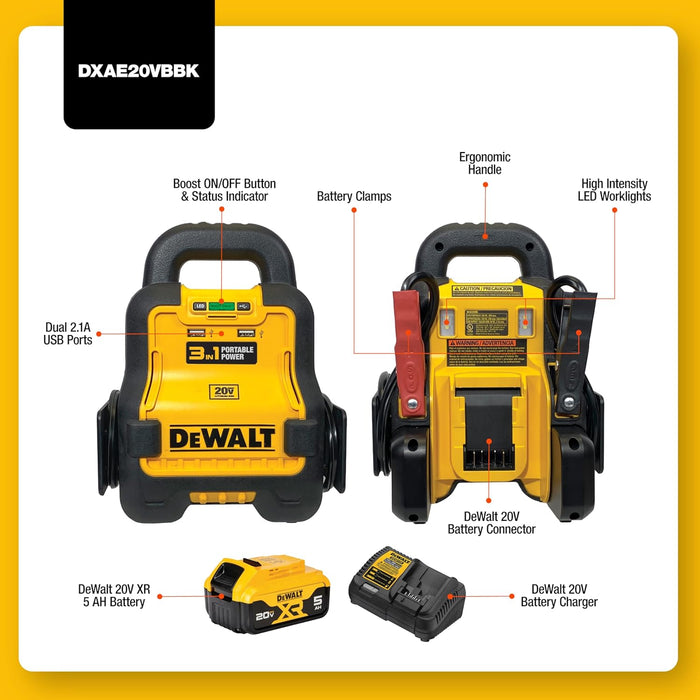 DEWALT DXAE20VBBK Battery Booster with 20V XR 5 AH Lithium-Ion Battery and DCB115 Battery Charger
