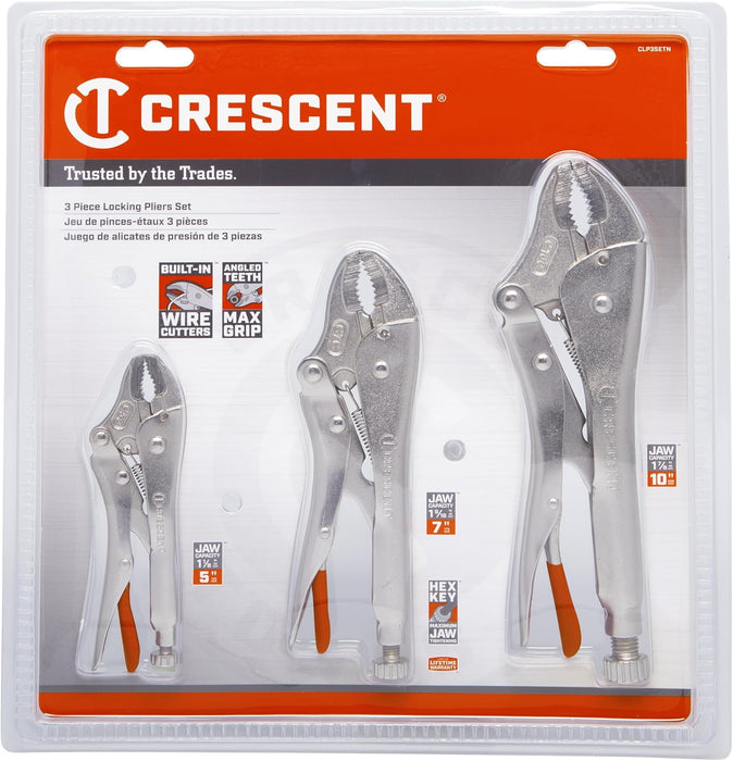 Crescent Curved Jaw Locking Pliers with Wire Cutter - 3 Piece Set - Home DIY & Professional Mechanic Hand Tool for Nuts & Bolts, Cables, Wires - 5", 7" & 10" - CLP3SETN-08