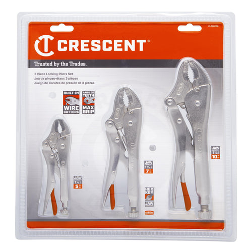 Crescent Curved Jaw Locking Pliers with Wire Cutter - 3 Piece Set - Home DIY & Professional Mechanic Hand Tool for Nuts & Bolts, Cables, Wires - 5", 7" & 10" - CLP3SETN-08