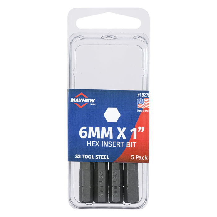 Mayhew Tools 18278-5 Metric Hex Insert Bit, 6mm x 1", 1/4" Shank (Pack of 5)