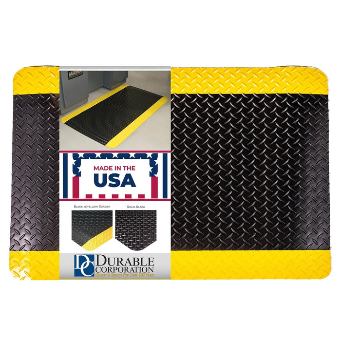 Durable Corporation-442S35BKY Vinyl Diamond-Dek Sponge Industrial Anti-Fgue Floor Mat, 3' x 5', Black with Yellow Border 60"L x 36"W x 0.6"Th Mat