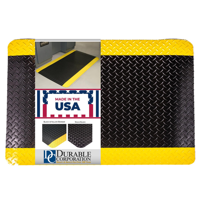Durable Corporation-442S35BKY Vinyl Diamond-Dek Sponge Industrial Anti-Fgue Floor Mat, 3' x 5', Black with Yellow Border 60"L x 36"W x 0.6"Th Mat