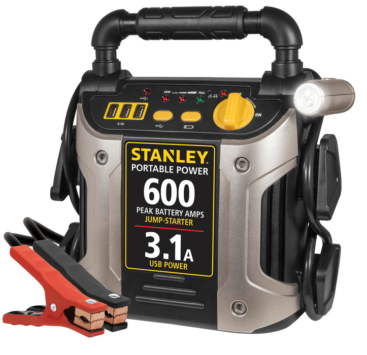 STANLEY J309 Portable Power Station Jump Starter: 600 Peak/300 Instant Amps, 3.1A USB Ports, Battery Clamps