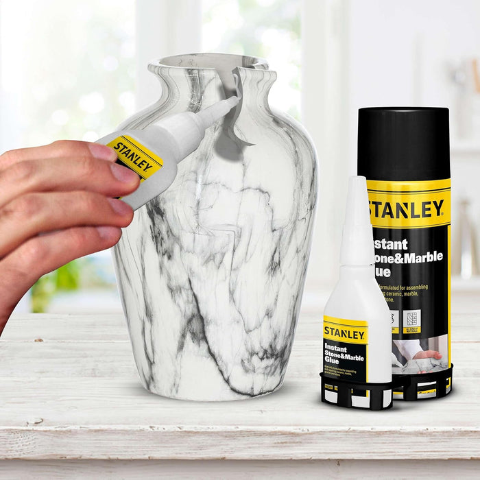 STANLEY Instant Stone & Marble Glue, CA Adhesive with Activator, Cyanoacrylate Bonding Spray for Tile and Craft, Granite, Quartz, Repair, 13.5 fl oz (Pack of 12)